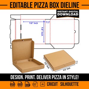 ピザボックスのダイラインテンプレート – 9.8 x 9.8 x 2インチ、SVG、PDF、AI（デジタルダウンロード）
