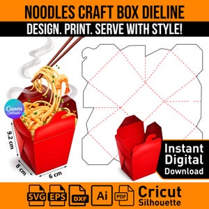 Könnte beinhalten: Eine digitale Vorlage für eine rote Nudelschachtel mit Stanzlinien-Layout, einer 3D-Illustration von Nudeln mit Garnelen und Stäbchen sowie Text wie NOODLES CRAFT BOX DIELINE, DESIGN. PRINT. SERVE WITH STYLE! und Instant Digital Download.