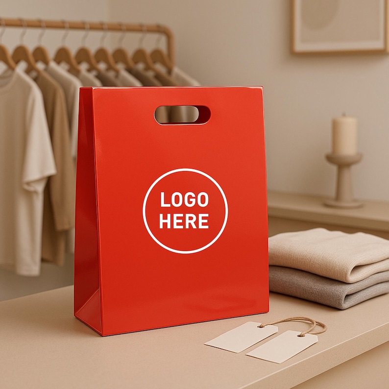 May include: A bright red shopping bag with a die-cut handle at the top. The bag features a white circular logo that says "LOGO HERE". Two blank tags with twine are in front of the bag. The background includes clothing on hangers.