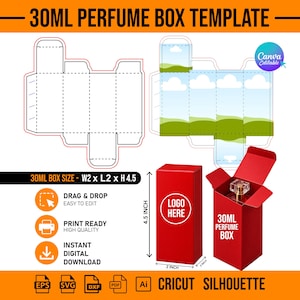 May include: A 30ml perfume box template featuring a flat die-cut layout and a 3D red box mockup. The design includes a sky and grass graphic, a logo placeholder, and text reading 30ML PERFUME BOX. Dimensions are labeled as 2 inches by 4.5 inches.