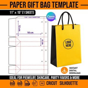 Könnte beinhalten: Eine Papiertragetaschen-Vorlage im Format 11 x 15 Zoll mit gestrichelten Faltlinien und angegebenen Maßen von 12 cm, 18 cm und 6 cm. Daneben befindet sich eine gelb-schwarze Geschenktüte mit schwarzen Kordelgriffen und einem Logo-Platzhalter.