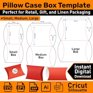 May include: A template for pillow case boxes in three sizes: small, medium, and large. The design includes dimensions in centimeters, with a small box at 9 cm wide and 11 cm tall. The image also shows a red pillow case box and icons for digital file formats.
