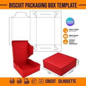 May include: A digital biscuit packaging box template featuring a flat die-cut line drawing and a 3D red box. The closed box shows dimensions of 7 inches by 10.5 inches by 2.5 inches. Includes text labels for Canva, drag and drop, print ready, and digital download.