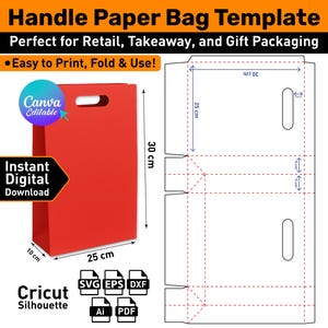 May include: A red handle paper bag template, perfect for retail, takeaway, and gift packaging. The bag is 10 cm deep, 25 cm wide, and 30 cm tall. Includes the text "Easy to Print, Fold & Use!" and "Instant Digital Download."