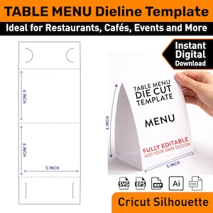 Puede incluir: Una plantilla de corte de menú de mesa blanca con el texto "TABLE MENU DIE CUT TEMPLATE" y "MENU". La plantilla mide 15,2 cm de alto y 12,7 cm de ancho. Incluye formatos de archivo SVG, EPS, DXF, AI y PDF. También es visible el texto "FULLY EDITABLE ADD YOUR OWN DESIGN".