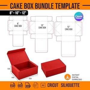 May include: A digital cake box bundle template featuring 8-inch, 10-inch, and 12-inch box layouts. Includes red box examples with 10cm by 30cm by 30cm dimensions, Canva editable text, and file format icons for EPS, SVG, DXF, PDF, and Adobe Illustrator.