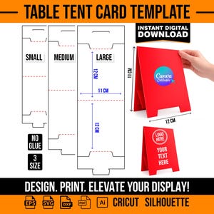 Pode incluir: Um modelo de cartão de tenda de mesa vermelho com o texto "TABLE TENT CARD TEMPLATE" e "INSTANT DIGITAL DOWNLOAD". O modelo inclui três tamanhos, com o tamanho grande medindo 12 cm x 11 cm. O design inclui o texto "DESIGN. PRINT. ELEVATE YOUR DISPLAY!"