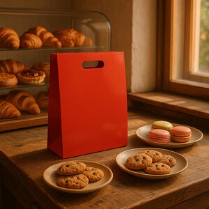 May include: A bright red paper shopping bag with a handle stands on a wooden surface. Small plates hold cookies and macarons. Baked goods are visible in a glass display case in the background.
