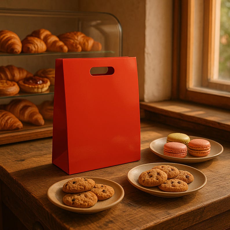 May include: A bright red paper shopping bag with a handle stands on a wooden surface. Small plates hold cookies and macarons. Baked goods are visible in a glass display case in the background.