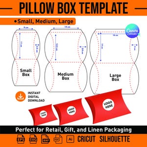 May include: A digital pillow box template featuring three sizes: small, medium, and large. The graphic displays flat layouts with dimensions in cm, red 3D box examples with 'LOGO HERE' text, and icons for EPS, SVG, DXF, PDF, and Ai file formats.
