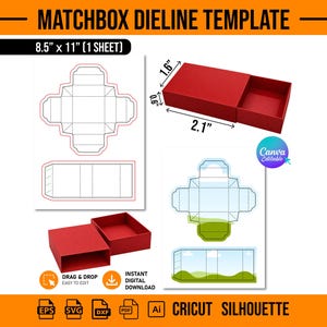 Könnte beinhalten: Eine Streichholzschachtel-Stanzvorlage für 8,5 x 11 Zoll Blätter. Enthält rote Schachteldiagramme mit Maßen von 2,1 x 1,6 x 0,6 Zoll, flache Schnittmuster und eine bearbeitbare Canva-Grafik. Kompatibel mit EPS, SVG, DXF, PDF und AI-Dateiformaten.