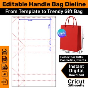 Plantilla de troquelado para bolsa de regalo de papel SVG / Troquelado para bolsa de regalo de perfume / Bolsa con asa editable SVG PDF para Cricut, Glowforge, Silhouette