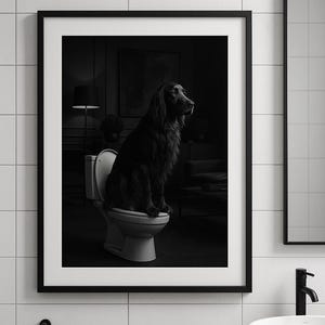 Könnte beinhalten: Schwarz-Weiß-Druck in einem Rahmen mit einem Hund, der auf einer Toilette sitzt. Der Hund hat dunkles Fell. Der Hintergrund zeigt einen schwach beleuchteten Raum mit Lampe und Spiegel. Das Badezimmer hat weiße Fliesen.