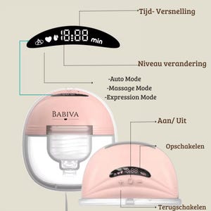May include: A pink and white breast pump with a digital display showing the time in minutes. The pump features Auto, Massage, and Expression modes. The brand name "BABIVA" is displayed on the pump.