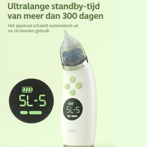May include: A white and green electronic nasal aspirator with a clear tip. The device has green buttons and a digital display showing battery life and model number. Text on the image reads "Ultralange standby-tijd van meer dan 300 dagen."
