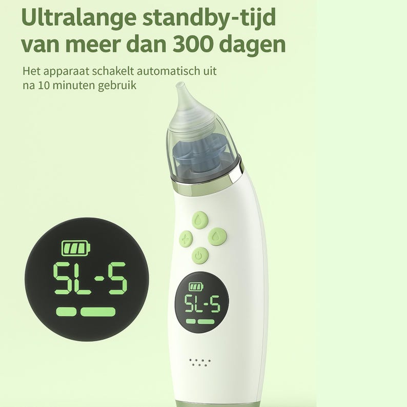 May include: A white and green electronic nasal aspirator with a clear tip. The device has green buttons and a digital display showing battery life and model number. Text on the image reads "Ultralange standby-tijd van meer dan 300 dagen."