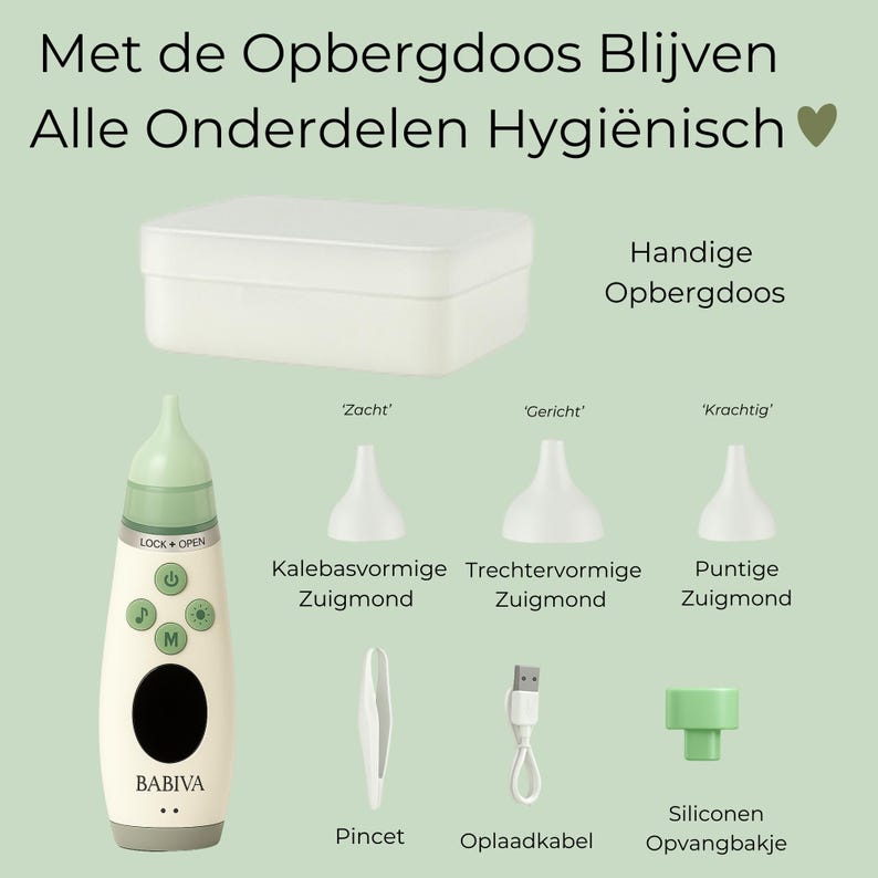 May include: An off-white and green baby nasal aspirator with various attachments, including a storage box, tweezers, a USB charging cable, and silicone collection cup. The aspirator has buttons and the brand name "BABIVA" is visible.