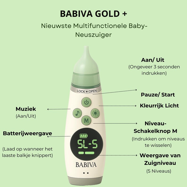 May include: A white and green BABIVA GOLD+ baby nasal aspirator. The device has several buttons and a digital display showing battery life and suction level. Text on the device includes "Muziek", "Batterijweergave", and "BABIVA".