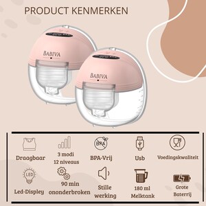 May include: Two pink and clear electric breast pumps, branded "BABIVA". Features include a digital display, BPA-free construction, and a 180 ml milk tank. The image also highlights portability and quiet operation.