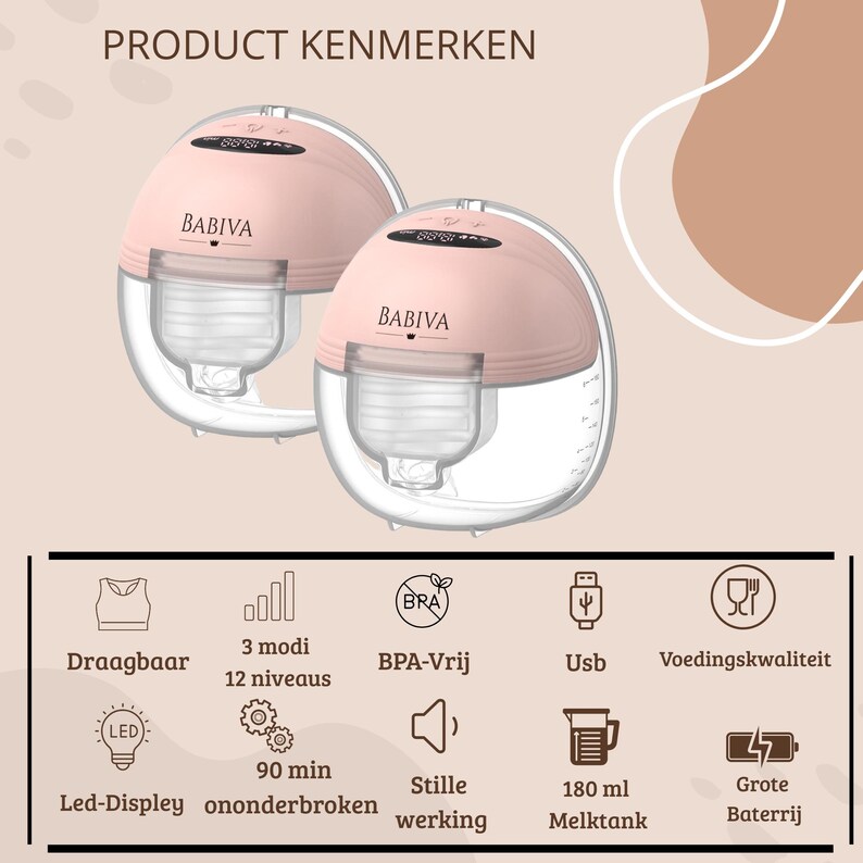 May include: Two pink and clear electric breast pumps, branded "BABIVA". Features include a digital display, BPA-free construction, and a 180 ml milk tank. The image also highlights portability and quiet operation.