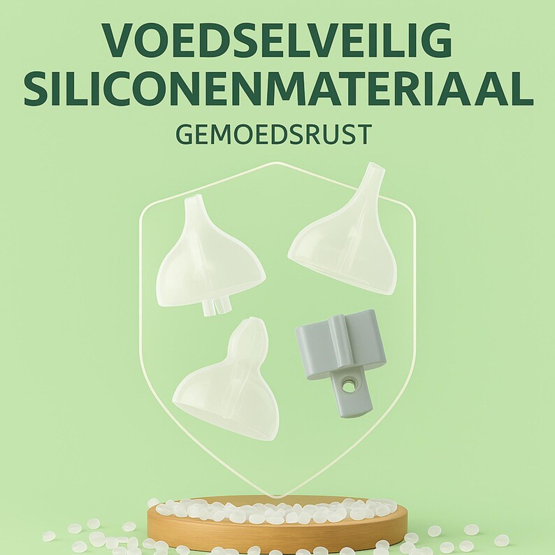 May include: A product shot featuring baby bottle components in clear and gray plastic. The components are arranged against a light green background, with text at the top. The components are displayed on a wooden platform.