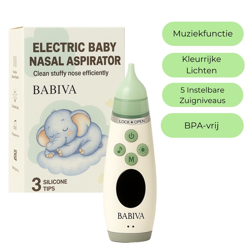 May include: An electric baby nasal aspirator with a green and white design. The product is packaged in a box with an illustration of a sleeping elephant. The aspirator has several buttons and the text "BABIVA". The box also says "Clean stuffy nose efficiently".