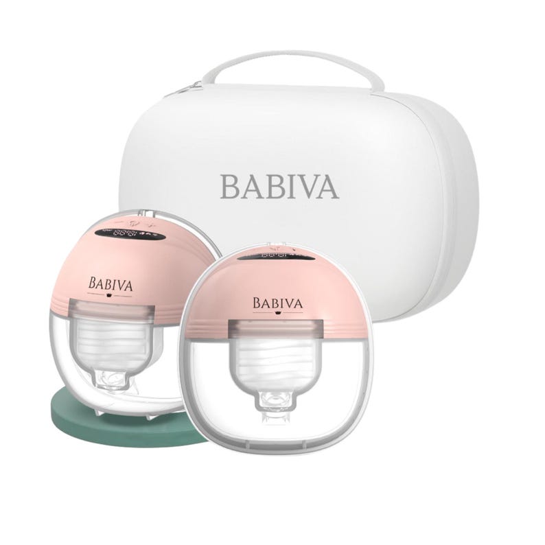 May include: Two pink and clear breast pumps, each with the brand name "BABIVA", and a white carry case. The pumps have a digital display and are set on a green base.