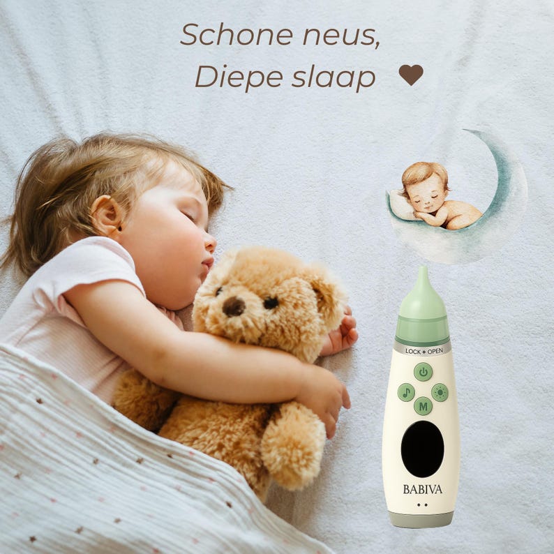 May include: A sleeping child cuddles a teddy bear under a blanket. A baby sleeps on a crescent moon illustration. A white and green BABIVA nasal aspirator is also in the image. The text "Schone neus, Diepe slaap" is at the top.