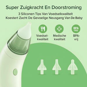 May include: A white and green baby nasal aspirator with three silicone tips. The aspirator has text that reads "Super Suigkracht En Doorstroming" and "3 Siliconen Tips Van Voedselkwaliteit". The aspirator is BPA-free and made of food-grade and medical-grade materials.