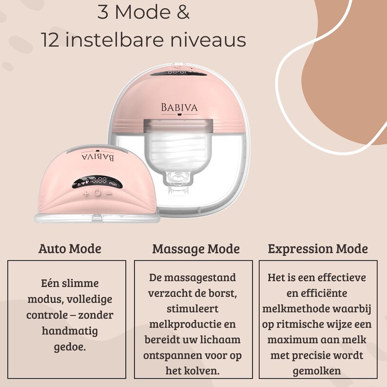 May include: A pink and white breast pump with the brand name "BABIVA" visible. The image shows the pump's components and features, including "3 Mode & 12 instelbare niveaus". The pump has an Auto Mode, Massage Mode, and Expression Mode.