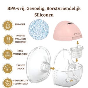 May include: An illustration of a breast pump, featuring a pink motor unit and clear silicone components. The pump is labelled "BABIVA" and is described as BPA-free and skin-friendly. The diagram shows how the parts assemble.