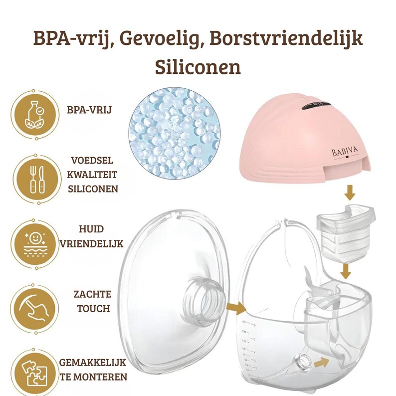 May include: An illustration of a breast pump, featuring a pink motor unit and clear silicone components. The pump is labelled "BABIVA" and is described as BPA-free and skin-friendly. The diagram shows how the parts assemble.