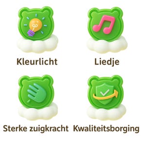 May include: Four green bear-shaped icons, each atop a white cloud. The icons depict a lightbulb, musical note, hand, and shield with an arrow. Text in Dutch reads "Kleurlight", "Liedje", "Sterke zuigkracht", and "Kwaliteitsborging".
