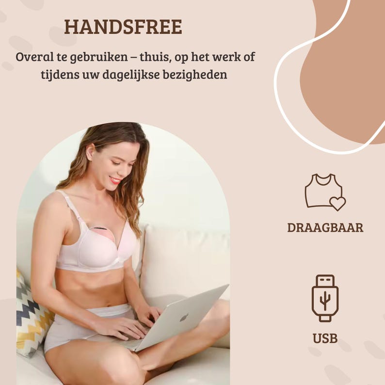 May include: A woman wearing a light pink bra with a hands-free device, using a laptop while seated on a white sofa. The image includes the text "HANDSFREE", "DRAAGBAAR" and "USB".