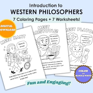 Puede incluir: Descarga digital de páginas para colorear y hojas de trabajo que presentan a los filósofos occidentales. Las páginas presentan ilustraciones de Kant, Aristóteles y Platón, con bocadillos de texto y datos divertidos. Incluye 7 páginas para colorear y 7 hojas de trabajo.
