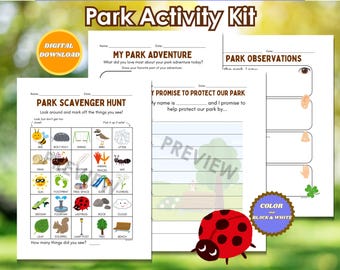 May include: A digital download park activity kit with printable pages. Includes a scavenger hunt, park observations, and a promise to protect the park. Features a red ladybug graphic and the text "Digital Download".
