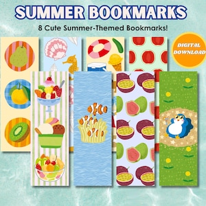 8 Cute Aesthetic Printable Summer Bookmark Set, Printable Bookmark Gift for Book Lovers, Colorful Beach Bookmark Fruit Digital Download