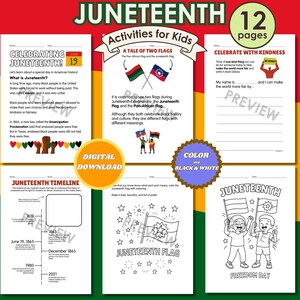 Pode incluir: Um download digital de atividades do Juneteenth para crianças. As páginas incluem informações sobre o Juneteenth, uma linha do tempo e páginas para colorir. A capa apresenta o texto "Atividades do Juneteenth para crianças" e "12 páginas."