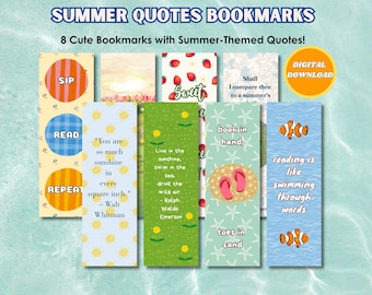 8 Cute Aesthetic Printable Summer Bookmarks with Quotes Printable Bookmark Gift for Book Lovers Colorful Beach Bookmark Digital Download