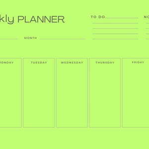 Pode incluir: Um planejador semanal verde limão com as palavras "Weekly Planner" no topo. O planejador tem seções para cada dia da semana, com espaços para "To Do" e "Notes". Flores vermelhas nos cantos superior esquerdo e inferior direito.