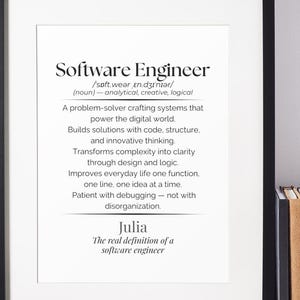 Könnte beinhalten: Ein gerahmter Druck mit dem Text "Software Engineer" in einem schwarzen Rahmen. Die Definition eines Software-Ingenieurs steht unter dem Titel. Der Druck befindet sich auf einer Holzoberfläche mit Büchern, Brillen und einer Pflanze.