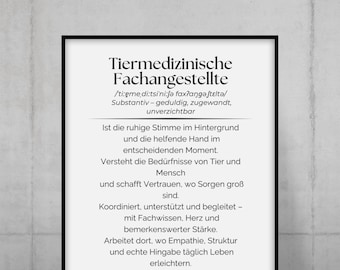 May include: A framed white poster with black text featuring a dictionary-style definition of the German term Tiermedizinische Fachangestellte, describing the role as a calm voice and helpful hand, with a small green succulent in a white pot.