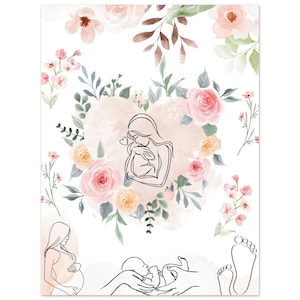 Poster sulla gravidanza e l'amore della mamma - Arte murale floreale con bambino, donna e fiori - Regalo per mamma, nascita, ostetrica