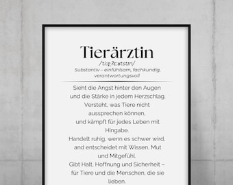 May include: A framed print with the German word "Tierärztin" (veterinarian) in bold, black text. The print includes a definition of a veterinarian in German, with a small potted plant in front of it.