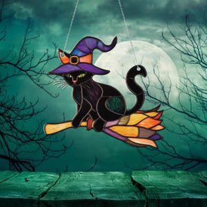 Flying Witch Cat Window Hanging, Enchanting Black Cat with Broom and Hat, Magical Halloween Décor for Cozy Fall Windows and Cat Lovers’ Home
