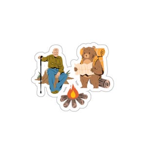 Ours avec carte et grand-père par le feu, nature sauvage amusante Sticker