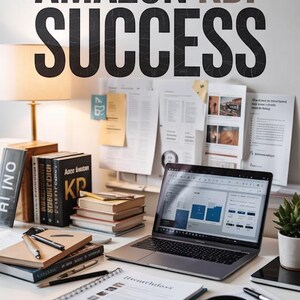 May include: A workspace with a laptop displaying charts, books, and stationery. The text "AMAZON KDP SUCCESS" is displayed above the desk. A lamp and a small potted plant are also visible, suggesting a home office or study setting.