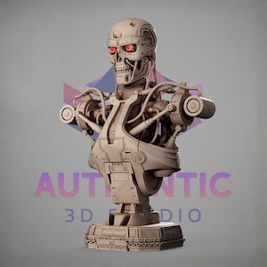 May include: A detailed bust of a Terminator robot with a skeletal head, red glowing eyes, and mechanical components. The sculpture is in a neutral color, with the text "AUTHENTIC 3D STUDIO" visible.
