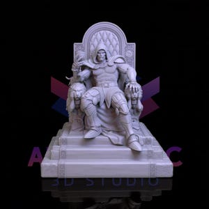 May include: A gray 3D-printed sculpture of a hooded figure seated on a throne. The throne features lion head armrests and is set on a stepped base. The figure is wearing armor and a cape, holding a staff.