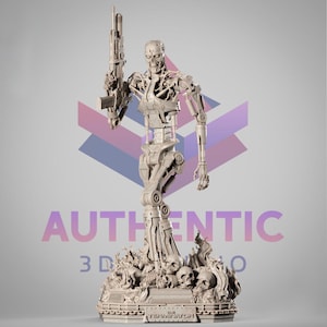 May include: A detailed, light gray statue of the Terminator robot holding a rifle. The statue is standing on a base with skulls and flames. The word "AUTHENTIC" is displayed in large letters, and the word "TERMINATOR" is at the base.